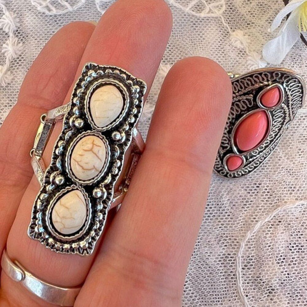 2 Southwestern Stretch Statement Rings ~9 & 9.75 Adjustable - Picture 3 of 9